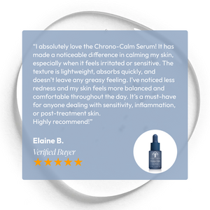 Circadia Chrono-Calm calming serum in a sleek glass bottle with dropper, designed to soothe and reduce skin redness.