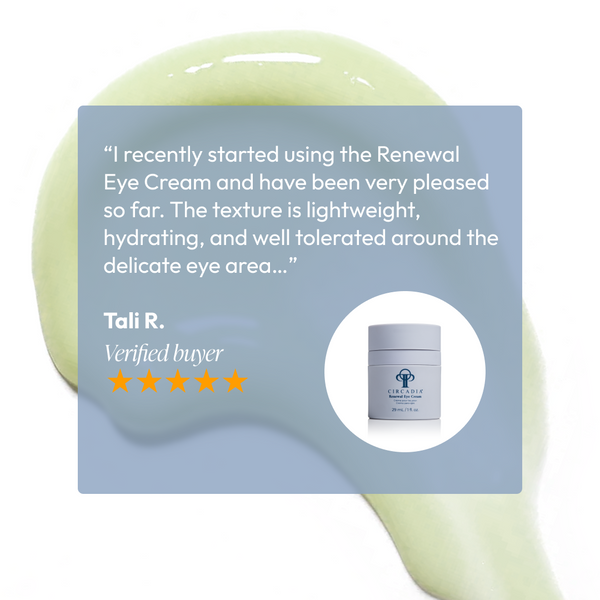 Circadia Renewal Eye Cream in a sleek jar, showcasing the gel formula designed to refresh and hydrate the delicate eye area.