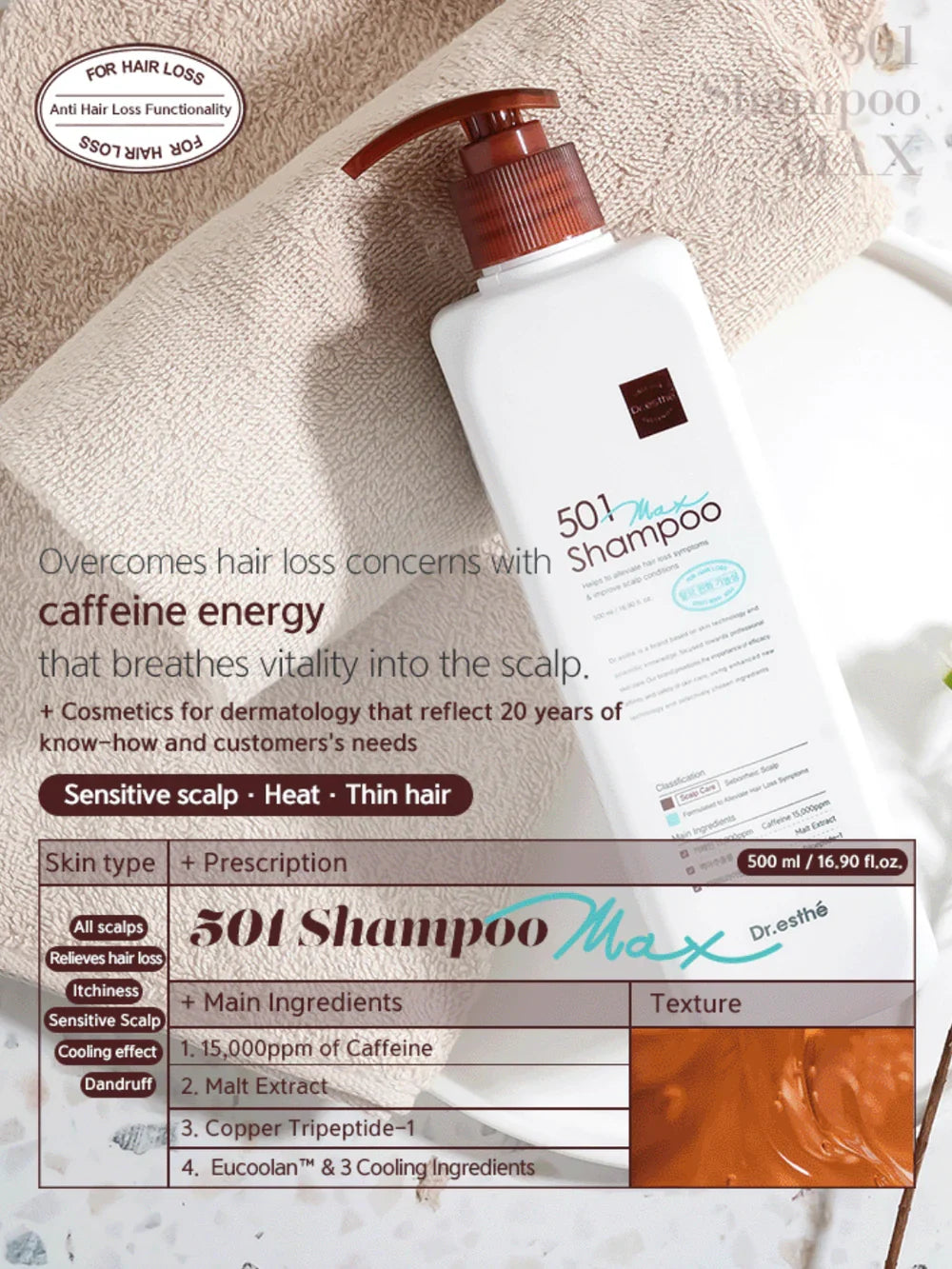 Dr. Esthe 501 Shampoo MAX 500 mL, hair and scalp care product with upgraded formula, shown in a sleek bottle.