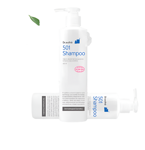 Dr. Esthe RX 501 Shampoo 300ml bottle with a sleek design and label showcasing the product's key features.