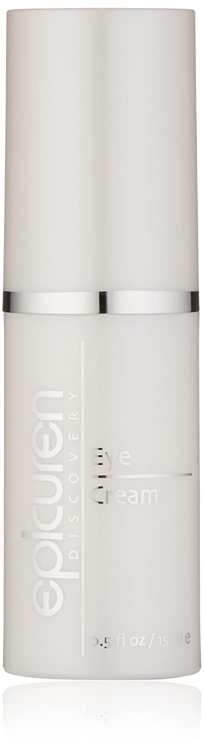 Epicuren Discovery anti-aging eye cream in a 0.5 Fl Oz jar with a smooth, creamy texture and elegant packaging.