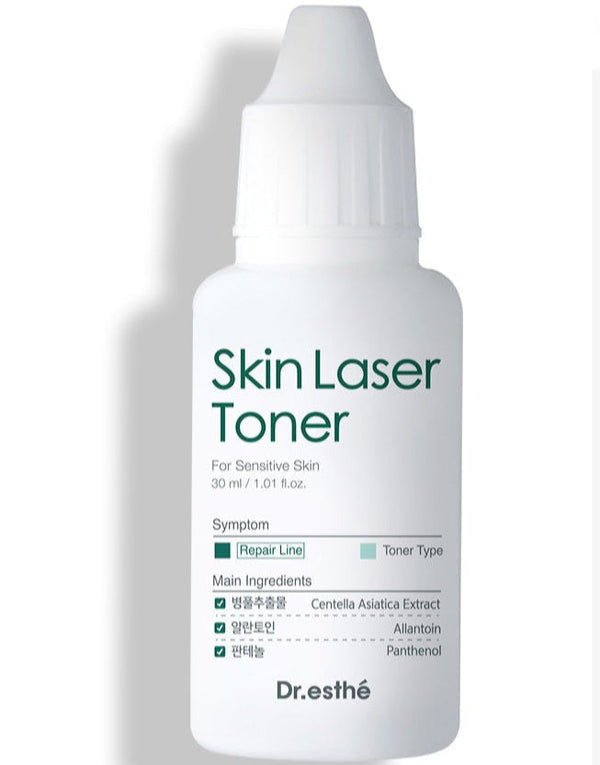 A bottle of Dr.esthe Skin Laser Toner with a white and green label, indicating it is a 30ml toner designed for sensitive skin.