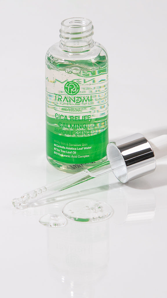 Tov Beauty Trandmi Cica Relief Calming Ampoule-ssence in a 60ml bottle, featuring a soothing, hydrating formula.