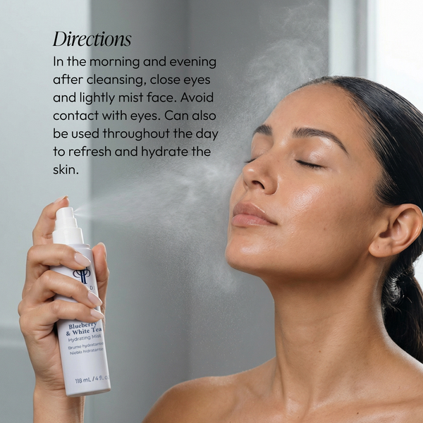 Circadia Blueberry & White Tea Hydrating Mist bottle with spray nozzle, showcasing the product's fresh, hydrating facial mist.
