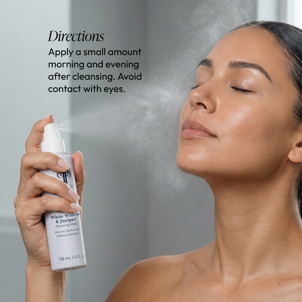 Circadia White Willow & Juniper Clearing Mist in a spray bottle, featuring natural ingredients and a refreshing mist for skin clarity.
