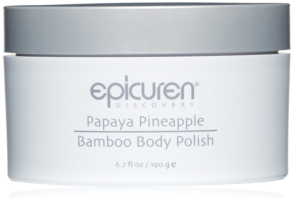 Epicuren Discovery Papaya Pineapple Bamboo Body Polish in a 6.7 Fl Oz jar with a textured, colorful label.