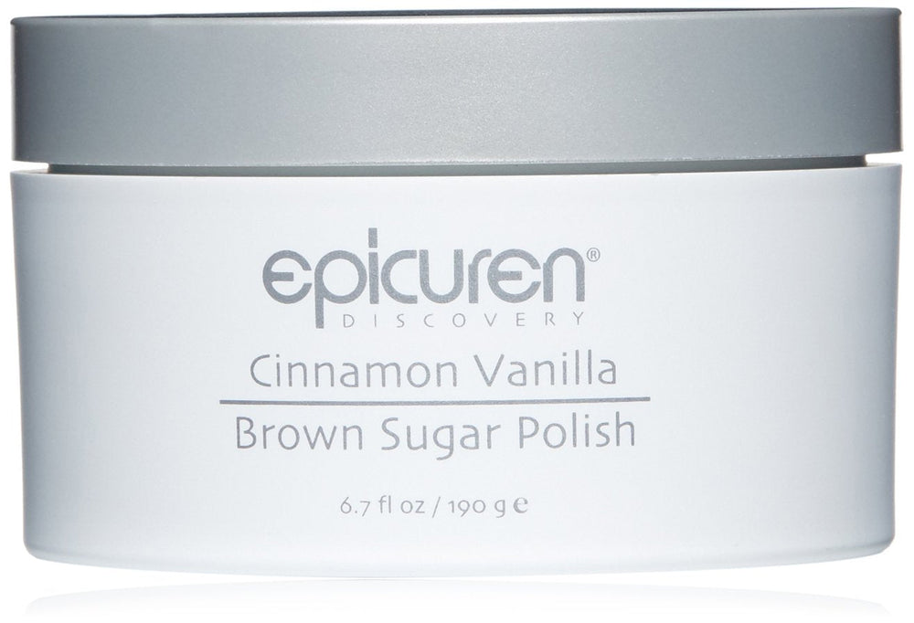 White container of epicuren Cinnamon Vanilla Brown Sugar Polish on a white background