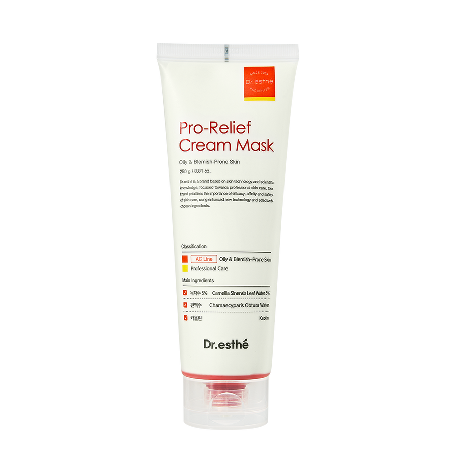Dr. Esthe Pro-Relief Cream Mask in a jar, showcasing its brightening formula and creamy texture.