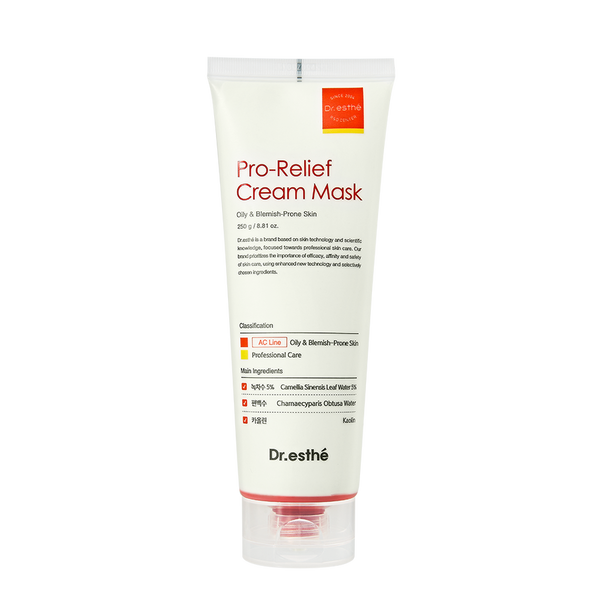 Dr. Esthe Pro-Relief Cream Mask in a jar, showcasing its brightening formula and creamy texture.