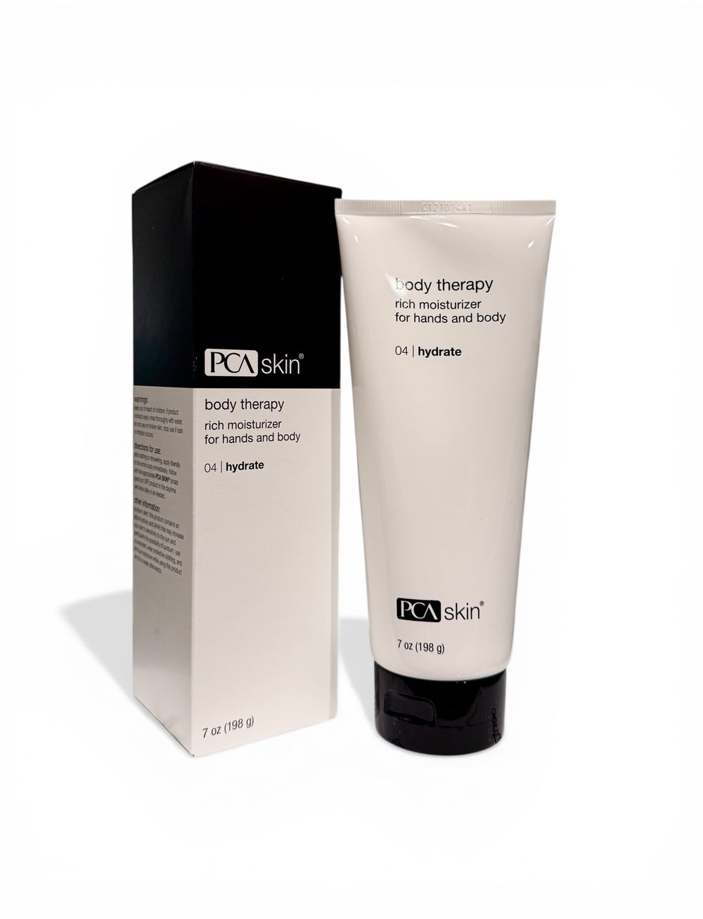 PCA Skin Body Therapy Hydrate 7 oz bottle with a sleek design and moisturizing cream for body treatment.