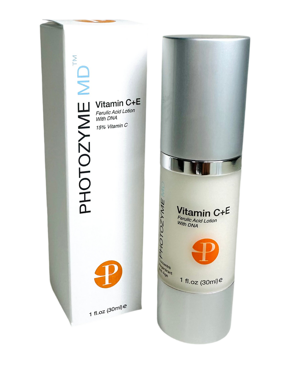 Photozyme Vitamin C+E + Ferulic Acid Lotion in a sleek bottle, showcasing its rich serum texture for facial care.