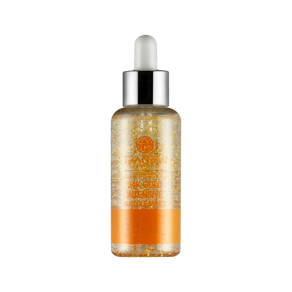 Tov Beauty Trandmi 24k Gold Intensive Ampoule-ssence in a dropper bottle, showcasing hydration properties and golden essence.