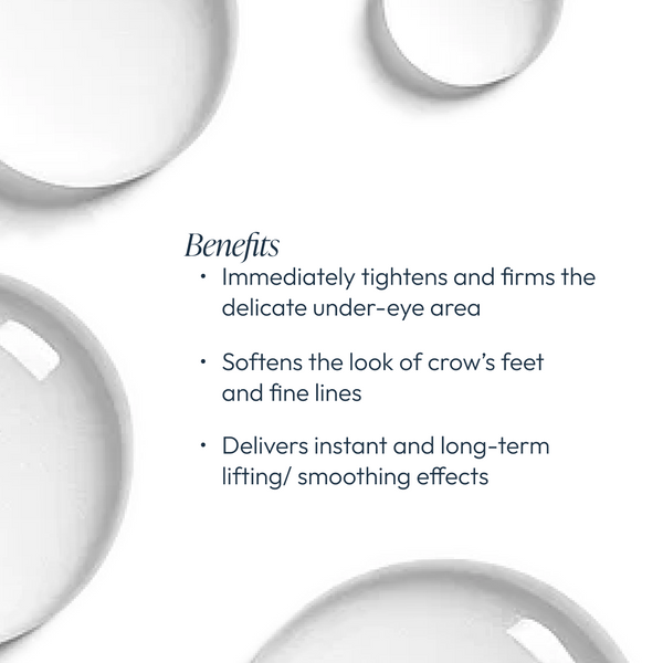 Circadia Eye Lift Serum in a clear glass bottle with dropper, featuring a sleek design, ideal for reducing eye puffiness and fine lines.