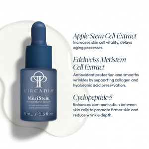 Circadia MeriStem Antioxidant Serum bottle with dropper, showcasing skincare serum for antioxidant protection and skin rejuvenation.