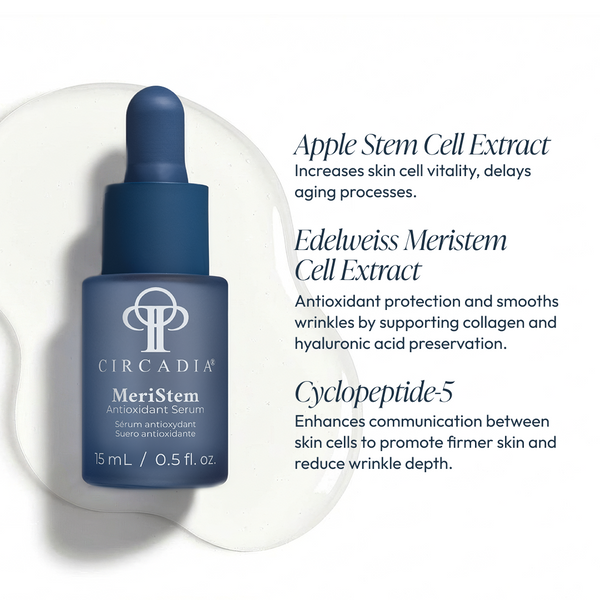 Circadia MeriStem Antioxidant Serum bottle with dropper, showcasing skincare serum for antioxidant protection and skin rejuvenation.