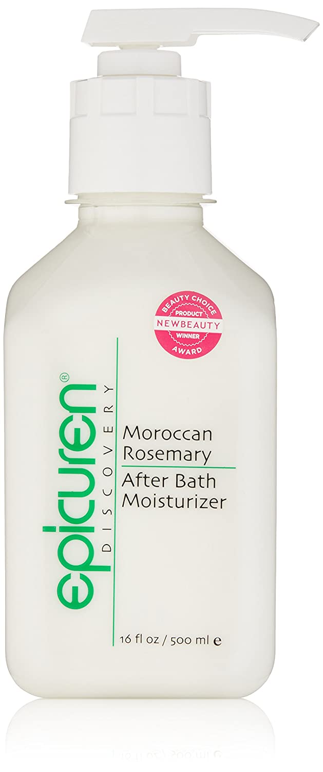 A bottle of Epicuren Discovery Moroccan Rosemary After Bath Body Moisturizer with a pump dispenser.