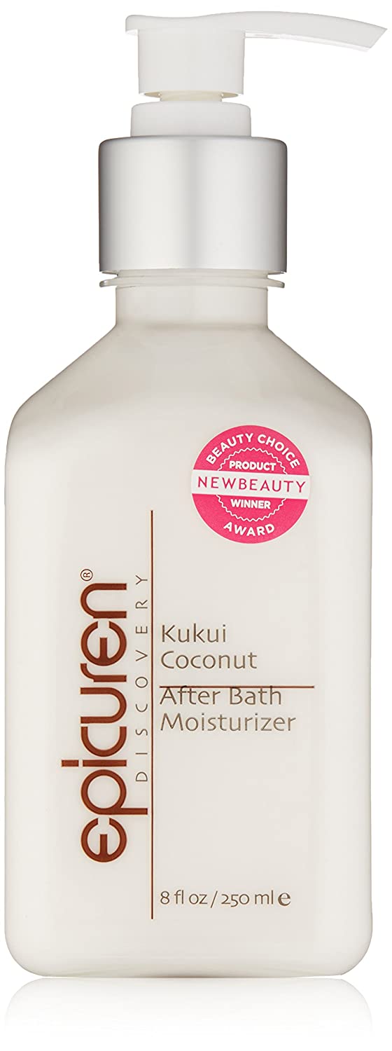 Epicuren Discovery KUKUI COCONUT After Bath Body Moisturizer bottle with tropical coconut design on a wooden background.