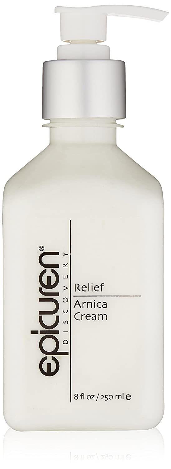 Epicuren Discovery Muscle Relief Arnica Cream in a tube, showcasing the label and creamy texture against a neutral background.