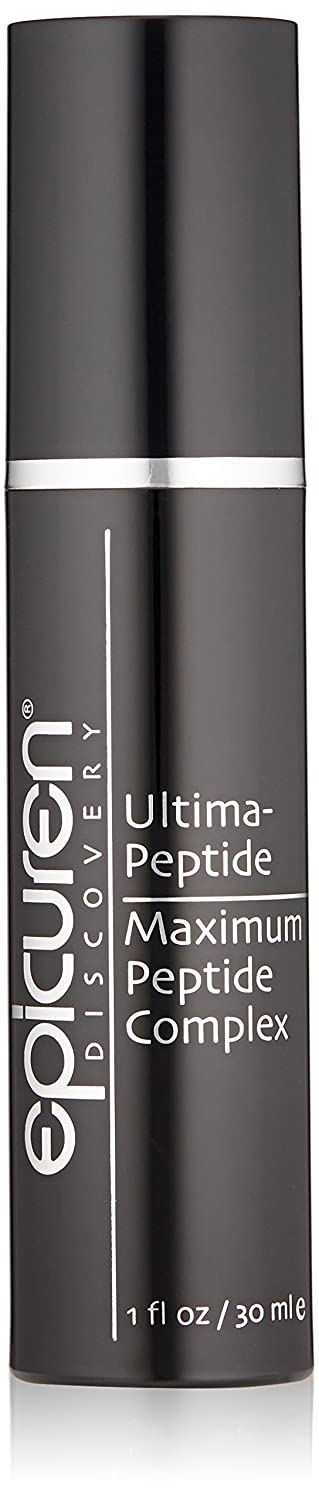 Epicuren Discovery Ultima Maximum Peptide Complex product packaging, featuring a black bottle with white and green label text, and a black box with product details.