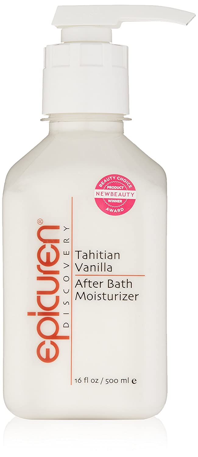 Epicuren Discovery Tahitian Vanilla After Bath Body Moisturizer in a sleek bottle with a creamy texture.