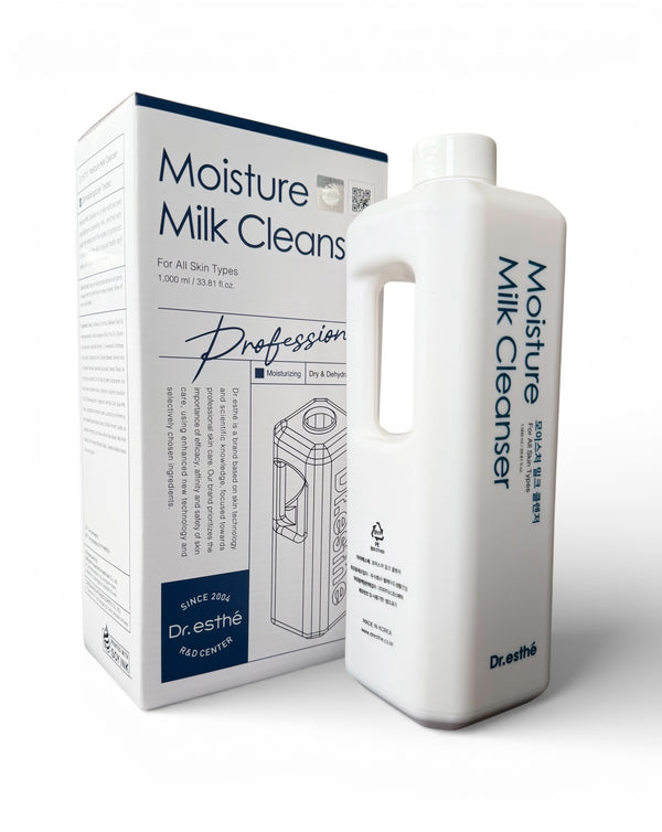 Dr. Esthe Milk Cleanser bottle with pump and label, showing a gentle skincare cleanser for face and body.