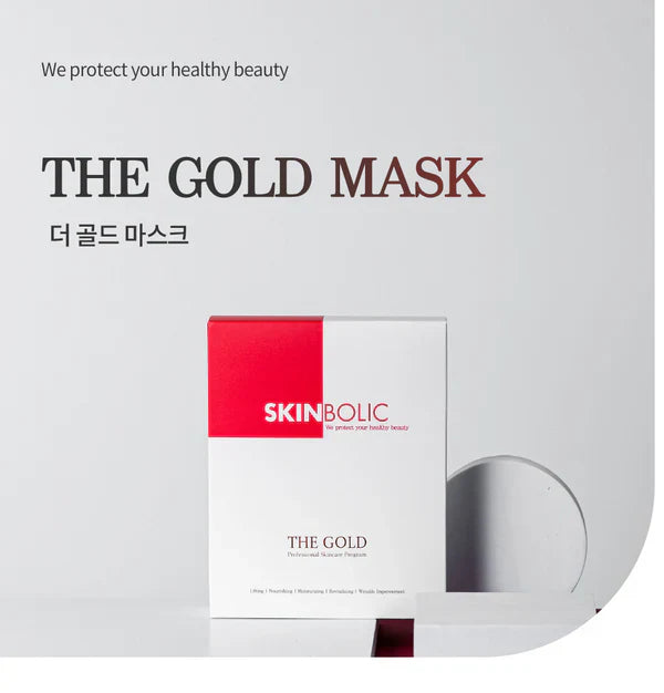 Skinbolic The Gold Mask featuring 10 sheets with 24K gold, royal jelly, and marine collagen for skincare treatment.