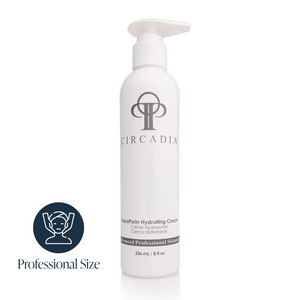 Circadia AquaPorin Hydrating Cream jar showing the moisturizer's packaging with a white and blue label and creamy texture inside.