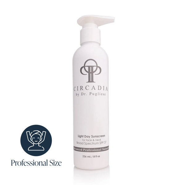 Circadia Light Day Sunscreen Broad Spectrum SPF 37 bottle with pump dispenser, designed to protect skin from UV rays.