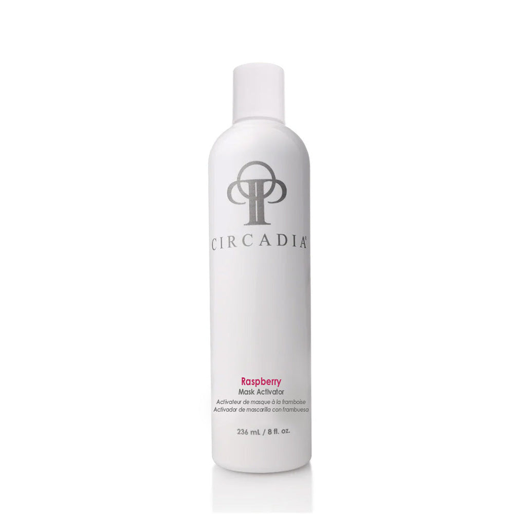 Circadia Raspberry Enzyme Activator in an 8oz bottle, featuring a clear label and a pump dispenser for facial enzyme treatment.