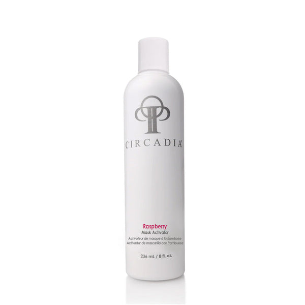 Circadia Raspberry Enzyme Activator in an 8oz bottle, featuring a clear label and a pump dispenser for facial enzyme treatment.