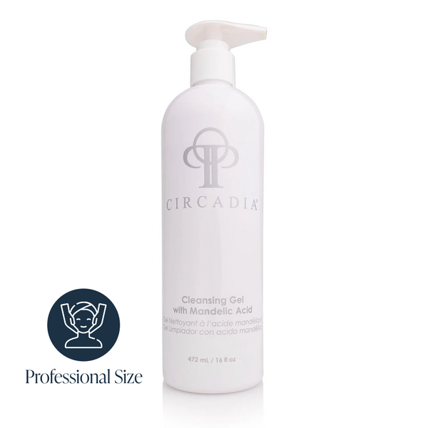 Circadia Cleansing Gel with Mandelic Acid in a clear bottle, showing the gel texture and label for facial cleansing.