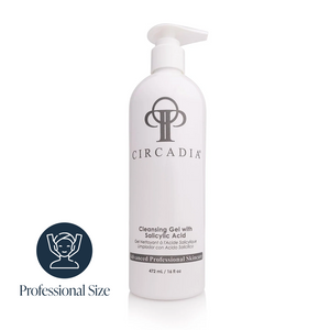 Circadia Cleansing Gel with Salicylic Acid in a clear pump bottle, featuring a white label with blue accents, for acne-prone skin.