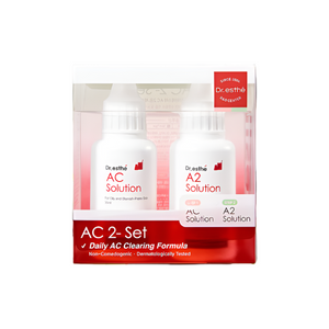Dr. Esthe AC Solution 30ML and A2 Solution Set in clear bottles with labels, placed on a neutral background.