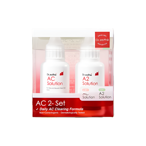 Dr. Esthe AC Solution 30ML and A2 Solution Set in clear bottles with labels, placed on a neutral background.