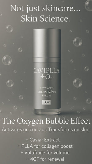 TOV House of PLLA HOP+ CAVIPLLA+O2 Advanced Volumizing Serum in a 30ml bottle, showcasing sleek packaging design.