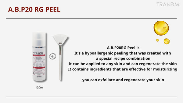 Tov Beauty Trandmi A.B.P 20 RG Peel 120ml bottle with a clear liquid and a sleek design on a white background.
