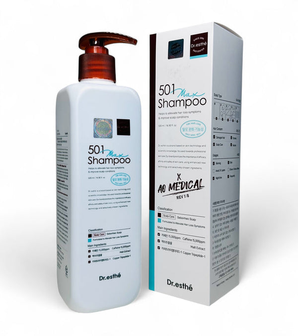 Dr. Esthe RX 501 Shampoo bottle, 500 ml, with sleek design and label visible, showcasing the hair care product.