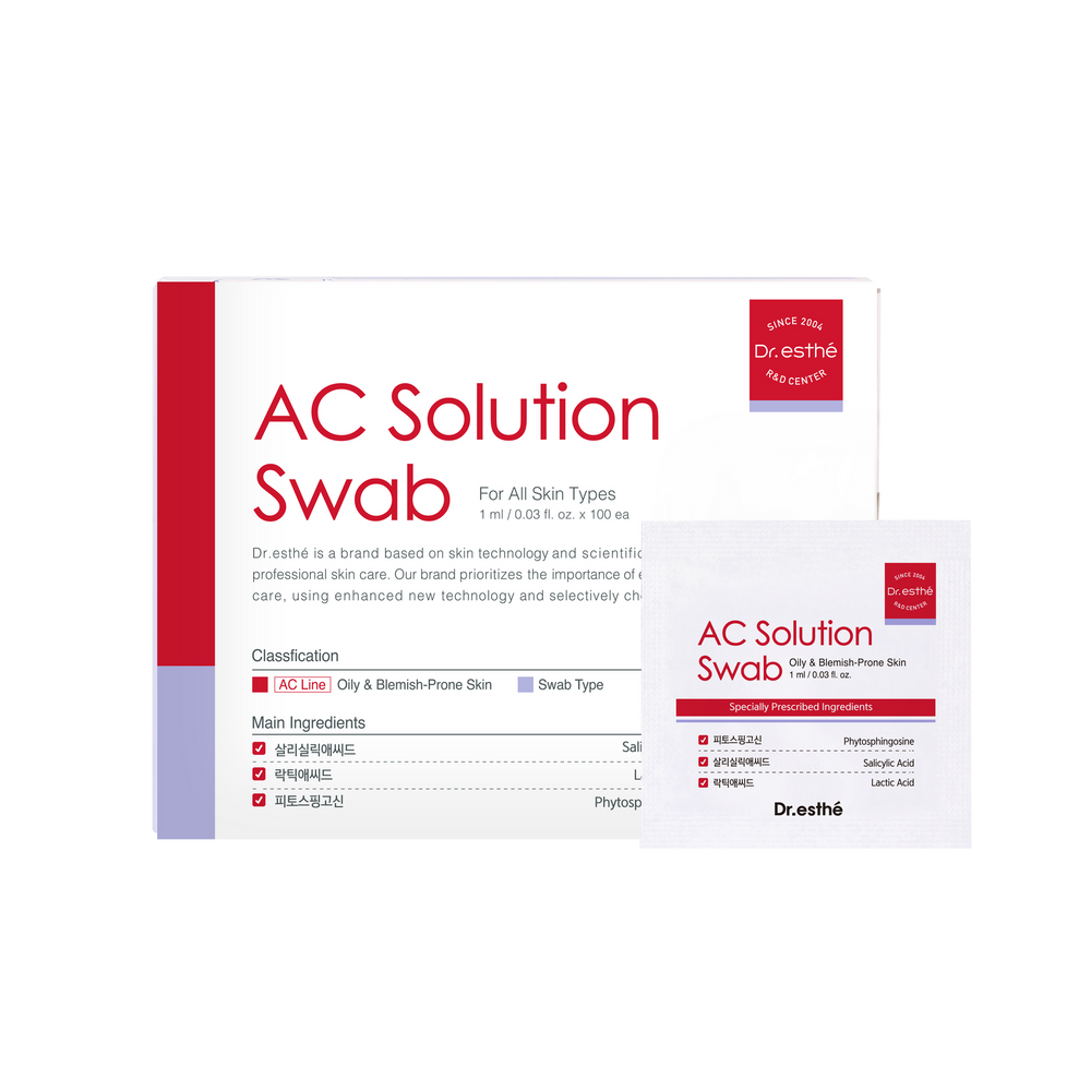Dr. Esthe AC Solution Swab pack containing 100 swabs for targeted application and skincare needs.