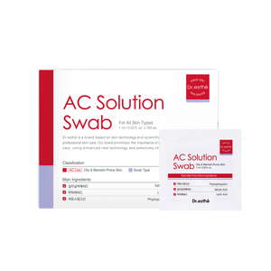 Dr. Esthe AC Solution Swab pack of 100, featuring individual swabs for applying skincare solutions.