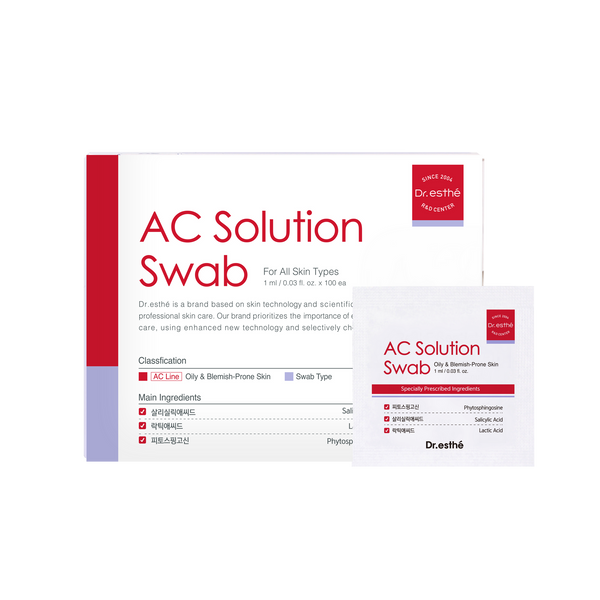 Dr. Esthe AC Solution Swab pack of 100, featuring individual swabs for applying skincare solutions.