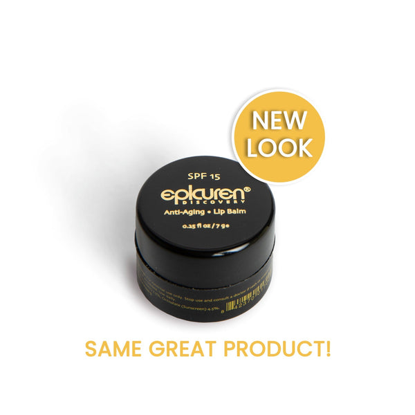Epicuren Discovery Anti-Aging Lip Balm SPF 15 in a black pot, showcasing a smooth, hydrating formula for sun protection.