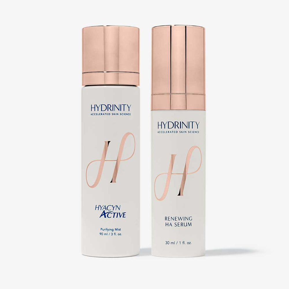 Hydrinity Age Renewal Skincare Kit with serums and creams for youthful skin, displayed in a sleek box.