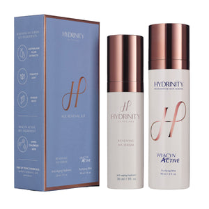 Hydrinity Age Renewal Kit featuring hydration bottles and box, designed for skin rejuvenation and moisture restoration.
