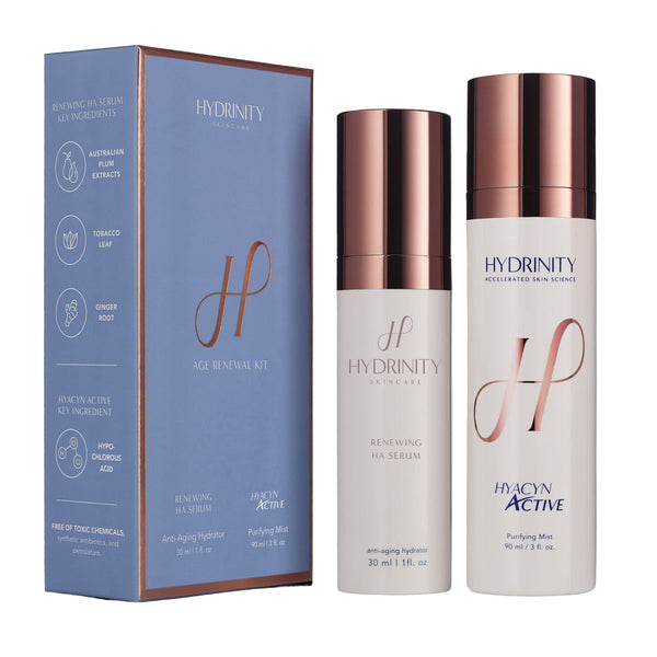 Hydrinity Age Renewal Kit featuring hydration bottles and box, designed for skin rejuvenation and moisture restoration.