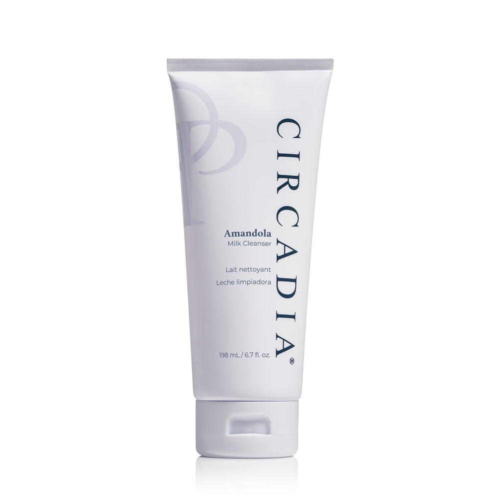 Circadia Amandola Milk Cleanser bottle with white pump and clear label, placed on a neutral background.