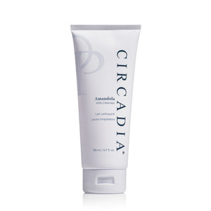 Circadia Amandola Milk Cleanser bottle with white pump and clear label, placed on a neutral background.