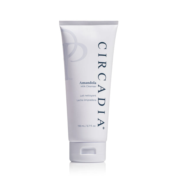 Circadia Amandola Milk Cleanser bottle with white pump and clear label, placed on a neutral background.