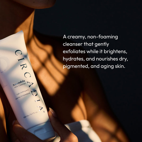 Circadia Amandola Milk Cleanser in a clear bottle with a white pump, featuring a minimalist label and creamy cleanser inside.