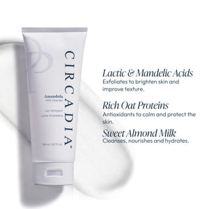Circadia Amandola Milk Cleanser in a white bottle with a pump, designed for gentle facial cleansing and skincare.