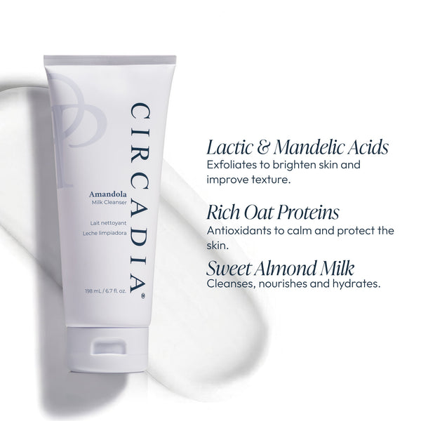 Circadia Amandola Milk Cleanser in a white bottle with a pump, designed for gentle facial cleansing and skincare.